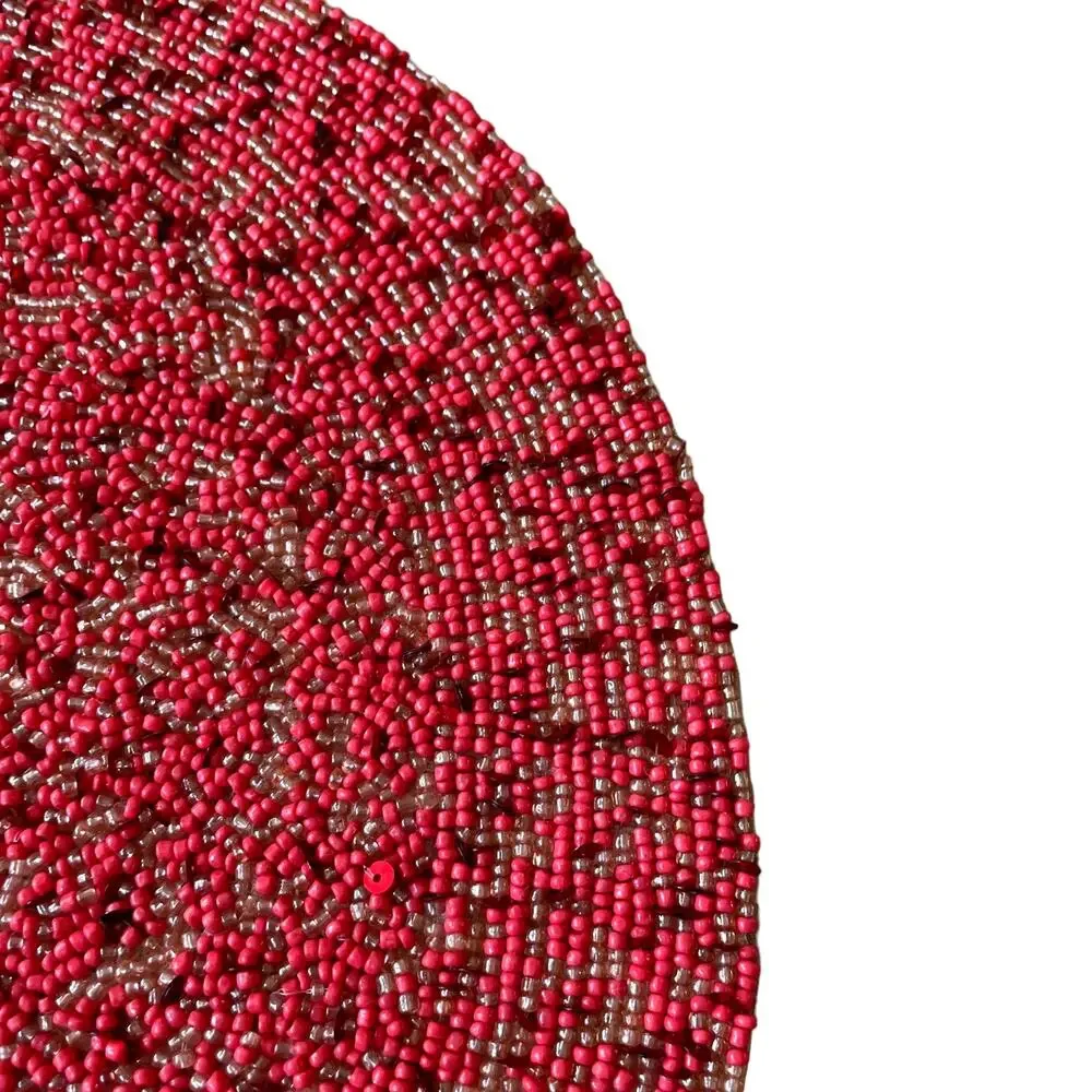TIRAMISU Handmade Beaded 15in Round Placemat Charger Holiday Red Pink Pearl  NEW